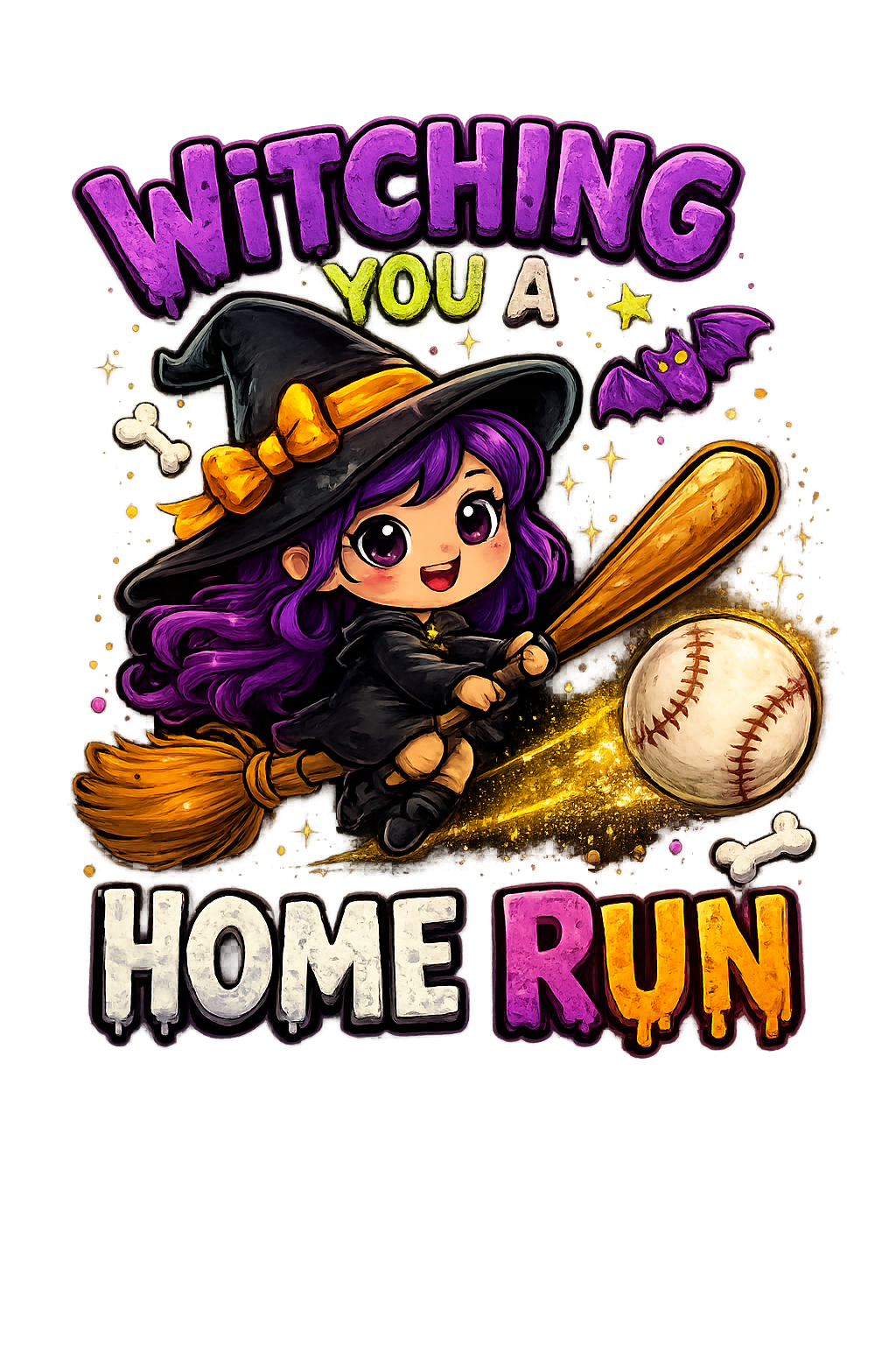 Witching You A Home Run – Kids Halloween DTF Transfer (6x7)